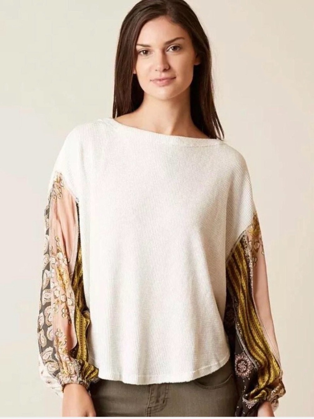 Free People We The Free Blossom Thermal Top in Ivory w/Mixed Media Sleeves Med